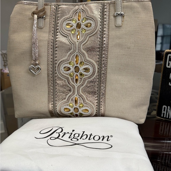 Brighton Tan and Gold Embellished Tote with suede dusty - Picture 3 of 12